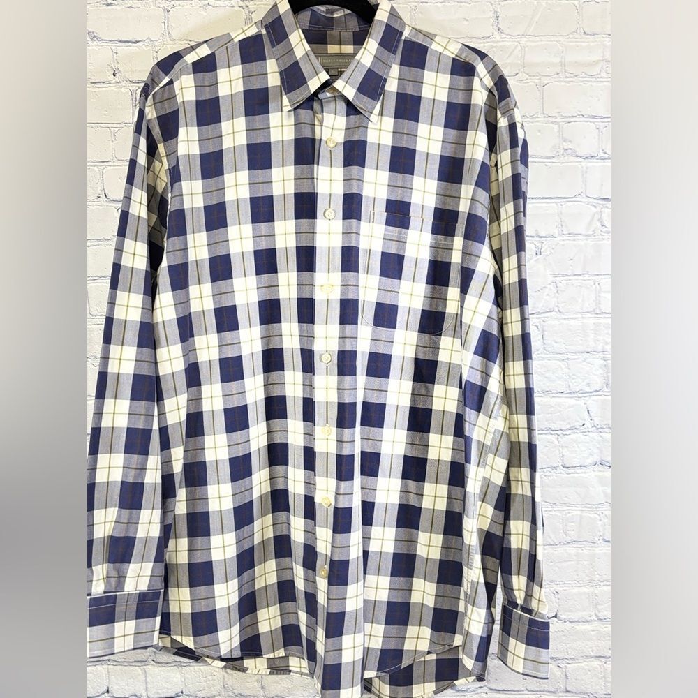 Hickey Freeman Blue Cream Plaid Woven in Italy Business Casual Button Shirt XL